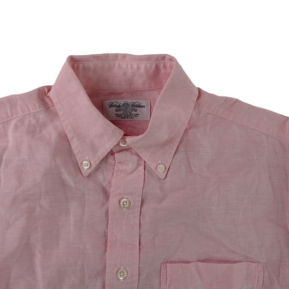 Brooks Brothers Country Club Shirt Mens 15.5 33 Pink Cotton Linen OCBD Italy USA